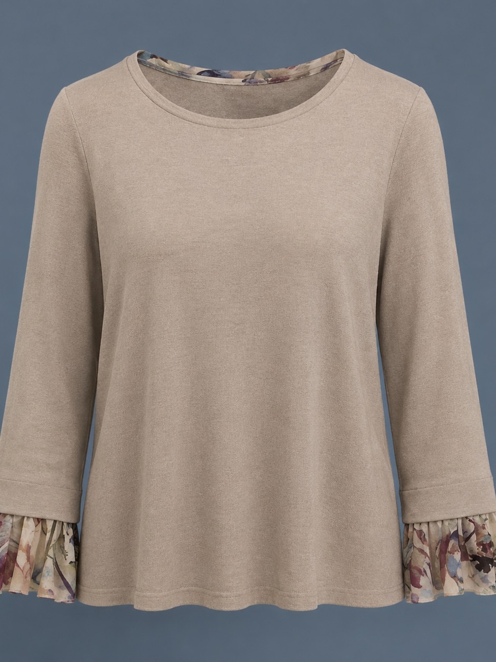 Chico’s Taupe Mixed Media Top Floral Chiffon Bell Cuffs sz 2 - Picture 2 of 3
